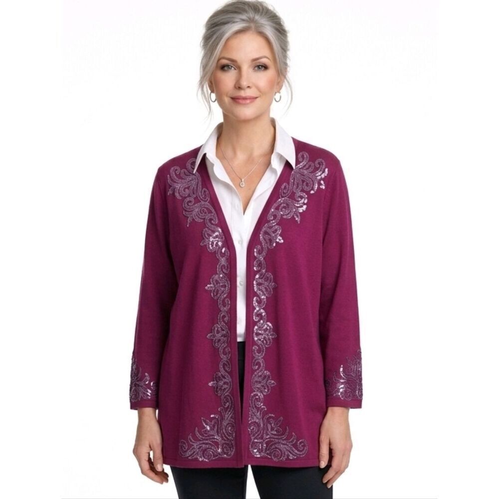 Bob Mackie Wearable Art Purple Sequin 3/4 Sleeve Open Cardigan Size L